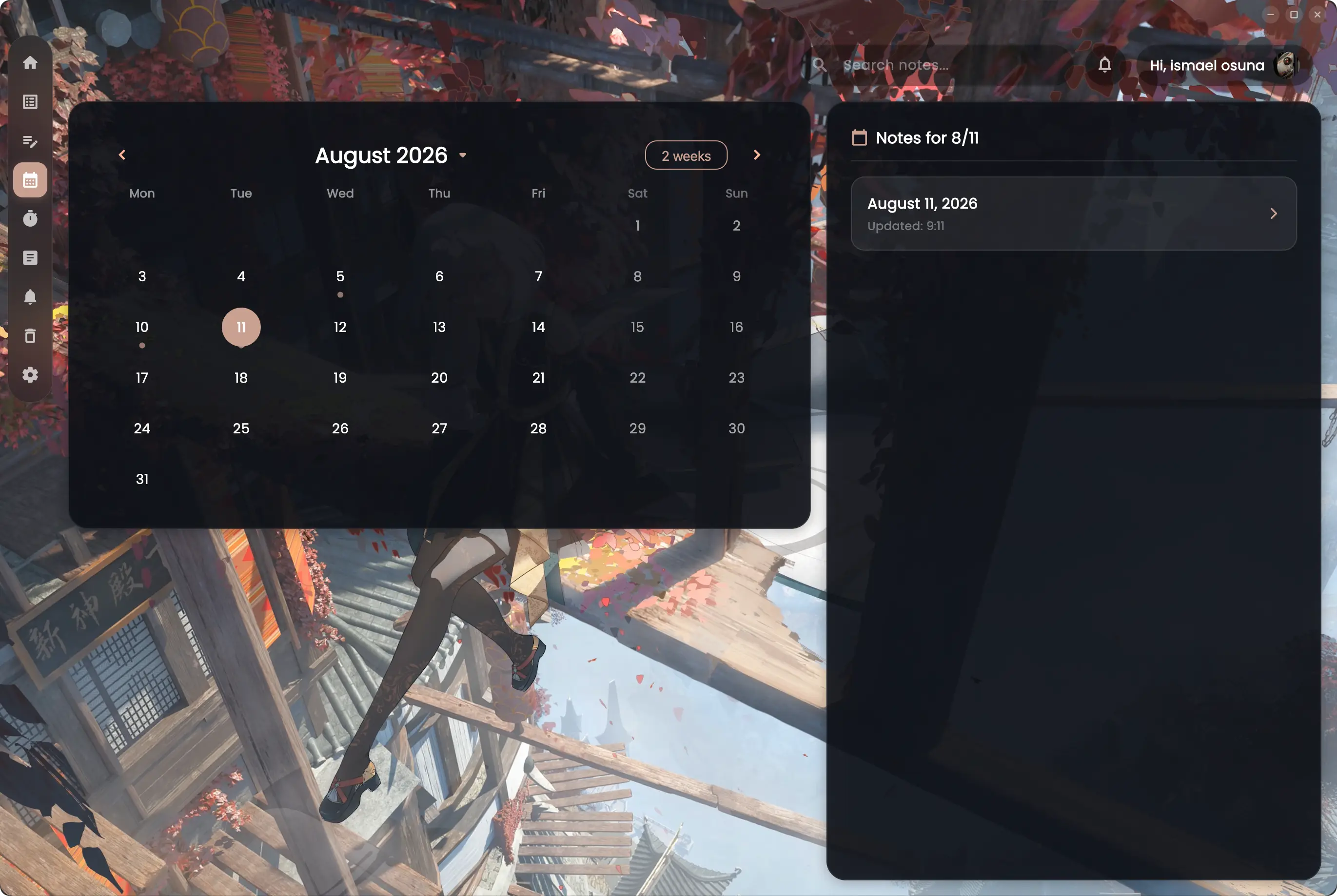 Monthly calendar view in NoteX with markers on days that have notes, and the selected day's notes listed beside it