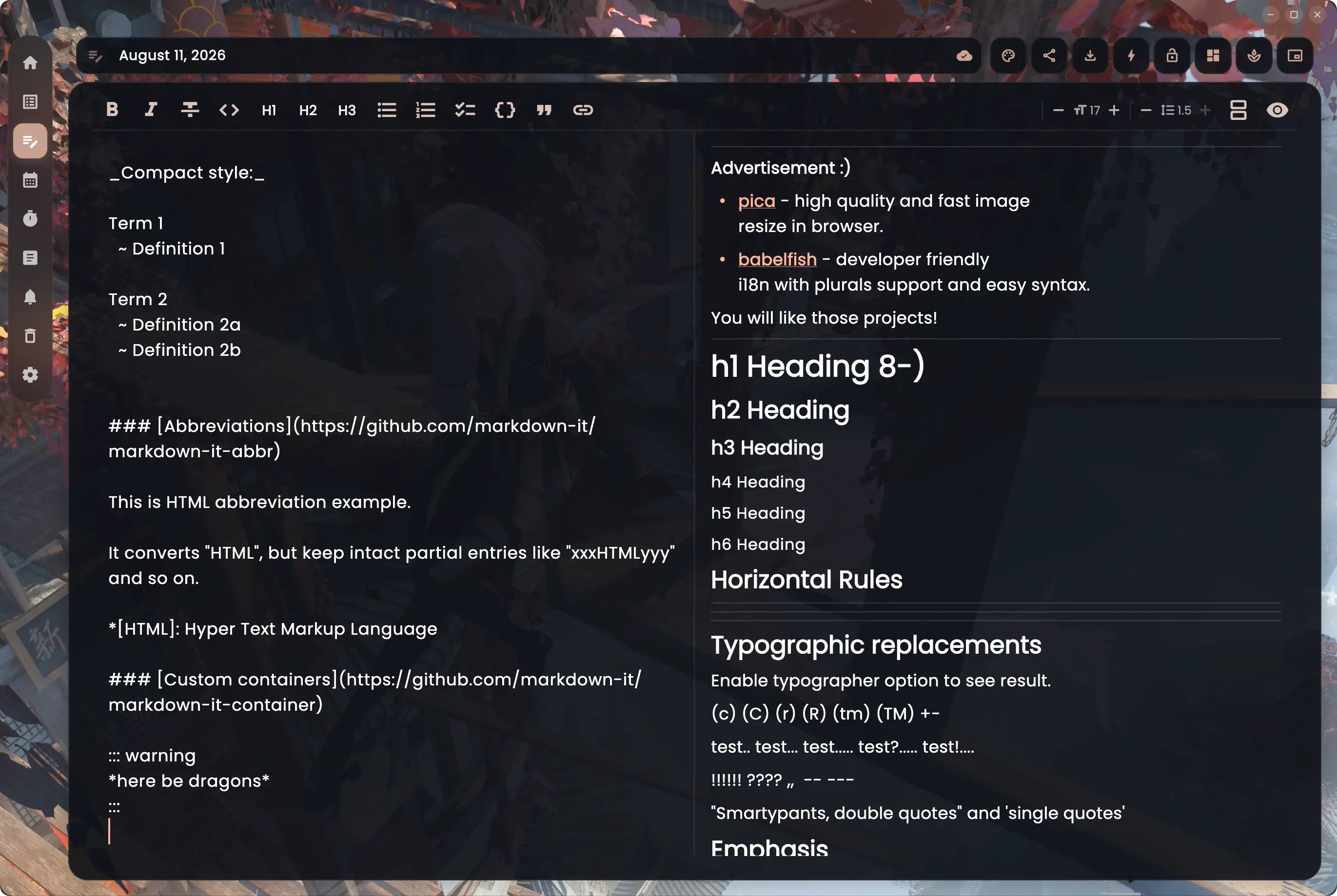 The NoteX editor in split view, raw Markdown on the left and the rendered document on the right, with a formatting toolbar above