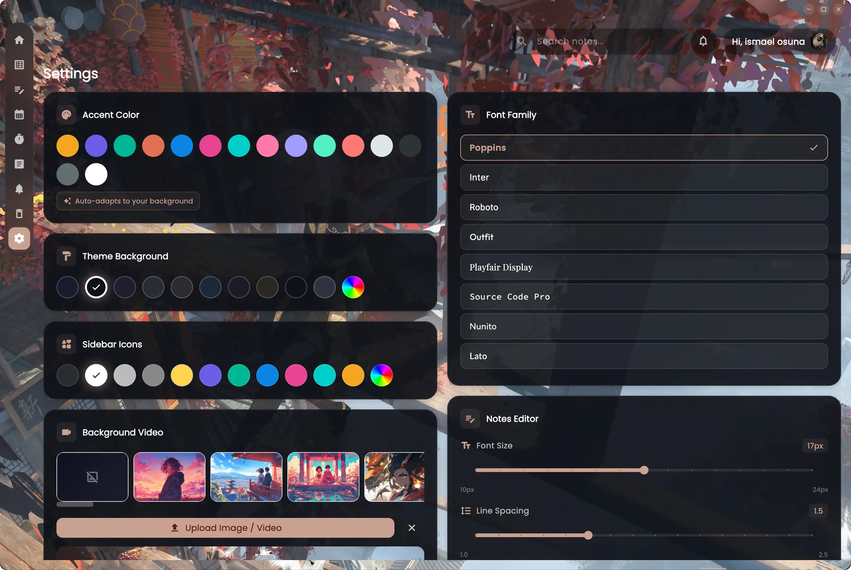 NoteX settings showing accent colour swatches, theme backgrounds, sidebar icon colours, background video picker and font family list