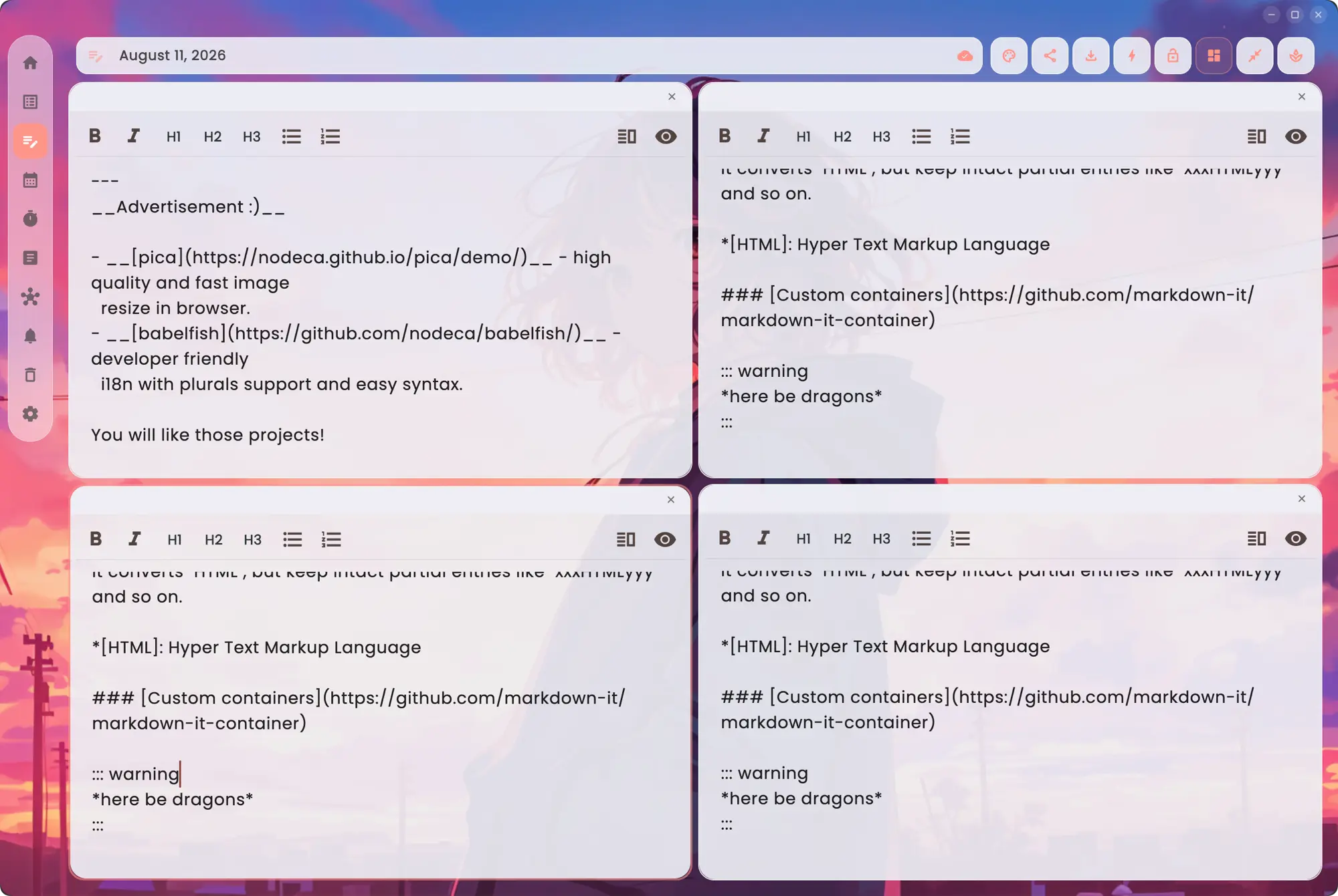 NoteX in tiling mode with four Markdown notes open in a two-by-two grid, each with its own toolbar and cursor